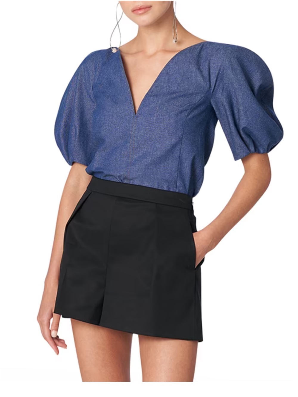 Carolina Herrera Blue Puff-Sleeve V-Neck Top